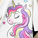 2pcs Toddler Girl Unicorn Print Long - sleeve White Tee and Letter Print Black Leggings Set - MomYom PK