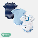 3 - Pack Baby Girl/Boy Dinosaur Print/Stripe/Solid Color Short - sleeve Rompers - MomYom PK