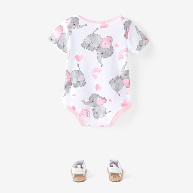 3 - Pack Baby Girl/Boy Elephant Print/Solid Color Short - sleeve Rompers - MomYom PK