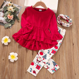 3 - piece Toddler Girl Ruffle Hem Long Bell sleeves Red Top, Santa Christmas Tree Print Pants and Scarf Set - MomYom PK