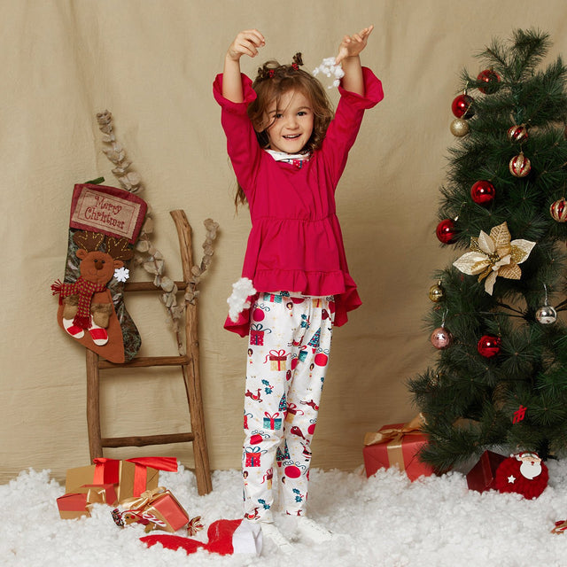 3 - piece Toddler Girl Ruffle Hem Long Bell sleeves Red Top, Santa Christmas Tree Print Pants and Scarf Set - MomYom PK