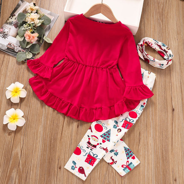 3 - piece Toddler Girl Ruffle Hem Long Bell sleeves Red Top, Santa Christmas Tree Print Pants and Scarf Set - MomYom PK