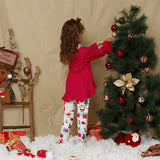 3 - piece Toddler Girl Ruffle Hem Long Bell sleeves Red Top, Santa Christmas Tree Print Pants and Scarf Set - MomYom PK