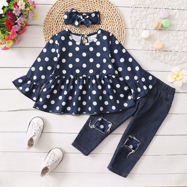 3pcs Baby All Over Polka Dots Navy Ruffle Bell Sleeve Top and Cotton Ripped Denim Jeans Set - MomYom PK