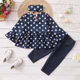 3pcs Baby All Over Polka Dots Navy Ruffle Bell Sleeve Top and Cotton Ripped Denim Jeans Set - MomYom PK