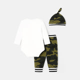 3pcs Baby Boy Cotton Long - sleeve Dinosaur & Letter Print Romper and Camouflage Pants with Hat Set - MomYom PK