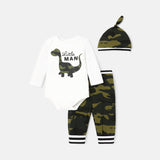 3pcs Baby Boy Cotton Long - sleeve Dinosaur & Letter Print Romper and Camouflage Pants with Hat Set - MomYom PK