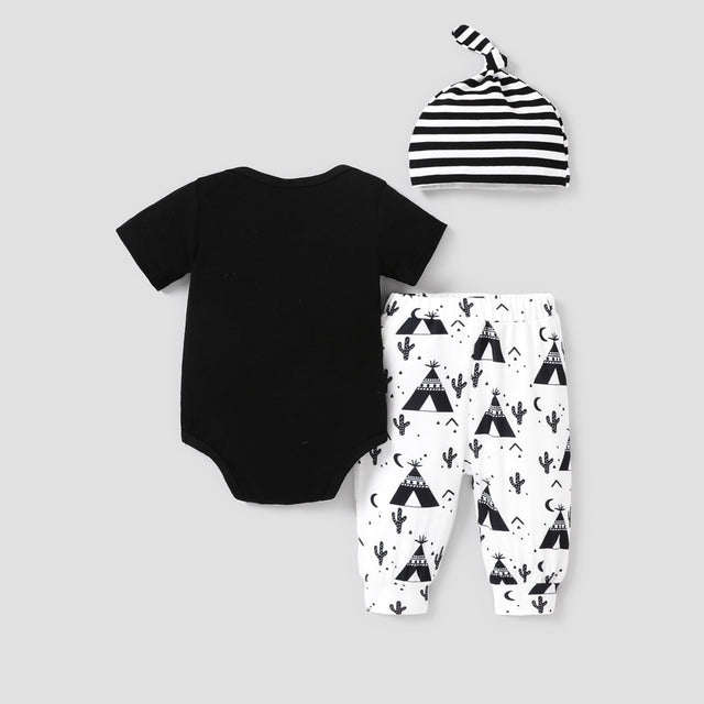 3pcs Baby Boy Letter Graphic Short - sleeve Romper and Allover Cactus Print Pants & Striped Hat Set - MomYom PK