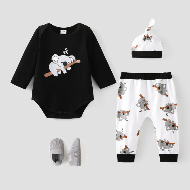 3pcs Baby Boy/Girl 95% Cotton Long - sleeve Koala Print Romper and Pants with Hat Set - MomYom PK