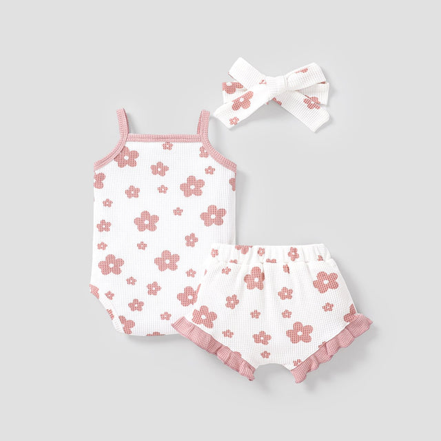 3pcs Baby Girl 3 - piece Floral Print Textured Cami Romper and Ruffled Shorts & Headband Set - MomYom PK