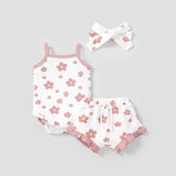 3pcs Baby Girl 3 - piece Floral Print Textured Cami Romper and Ruffled Shorts & Headband Set - MomYom PK