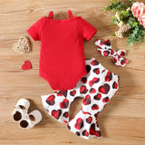 3pcs Baby Girl 95% Cotton Button Up Ribbed Bodysuit & Heart Print Flared Pants & Headband Set - MomYom PK