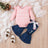 3pcs Baby Girl 95% Cotton Letter Print Ruffle Trim Long - sleeve Romper and Ripped Flared Jeans & Belt Set - MomYom PK