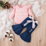 3pcs Baby Girl 95% Cotton Letter Print Ruffle Trim Long - sleeve Romper and Ripped Flared Jeans & Belt Set - MomYom PK