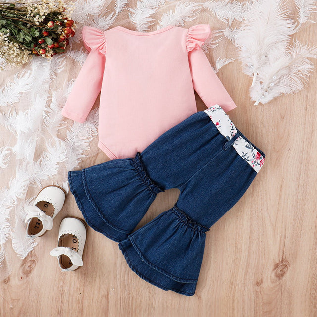 3pcs Baby Girl 95% Cotton Letter Print Ruffle Trim Long - sleeve Romper and Ripped Flared Jeans & Belt Set - MomYom PK