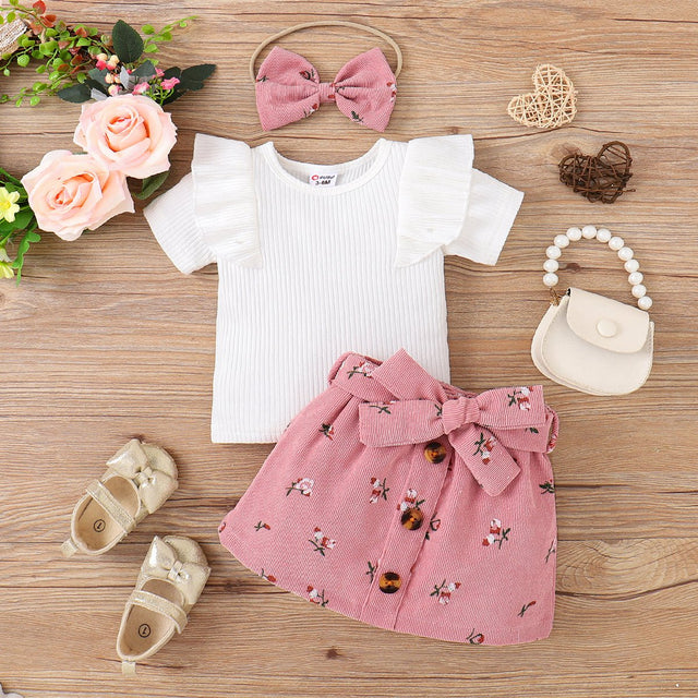 3pcs Baby Girl 95% Cotton Ribbed Ruffle Short - sleeve Tee and Floral Print Belted Skirt & Headband Set - MomYom PK