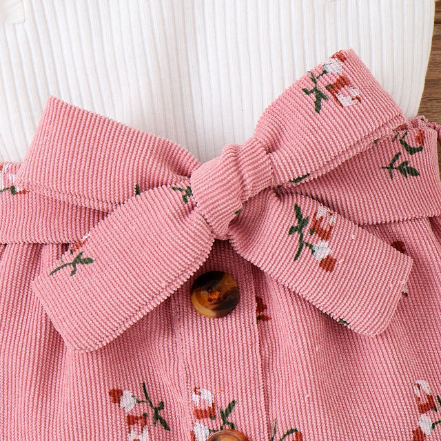 3pcs Baby Girl 95% Cotton Ribbed Ruffle Short - sleeve Tee and Floral Print Belted Skirt & Headband Set - MomYom PK