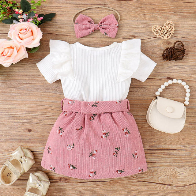 3pcs Baby Girl 95% Cotton Ribbed Ruffle Short - sleeve Tee and Floral Print Belted Skirt & Headband Set - MomYom PK