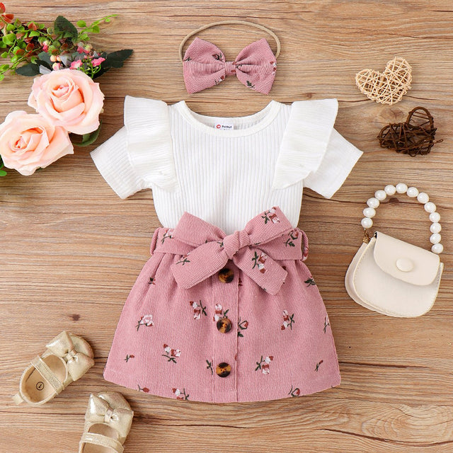 3pcs Baby Girl 95% Cotton Ribbed Ruffle Short - sleeve Tee and Floral Print Belted Skirt & Headband Set - MomYom PK