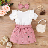 3pcs Baby Girl 95% Cotton Ribbed Ruffle Short - sleeve Tee and Floral Print Belted Skirt & Headband Set - MomYom PK