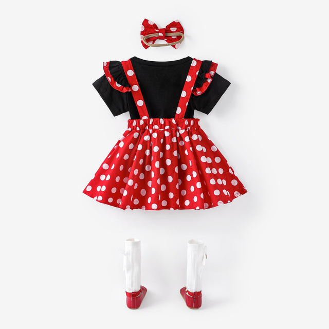 3pcs Baby Girl 95% Cotton Ruffle Short - sleeve Top and Polka Dots Bowknot Suspender Skirt with Headband Set - MomYom PK