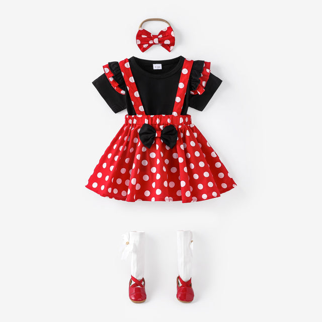 3pcs Baby Girl 95% Cotton Ruffle Short - sleeve Top and Polka Dots Bowknot Suspender Skirt with Headband Set - MomYom PK