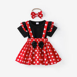 3pcs Baby Girl 95% Cotton Ruffle Short - sleeve Top and Polka Dots Bowknot Suspender Skirt with Headband Set - MomYom PK