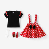 3pcs Baby Girl 95% Cotton Ruffle Short - sleeve Top and Polka Dots Bowknot Suspender Skirt with Headband Set - MomYom PK