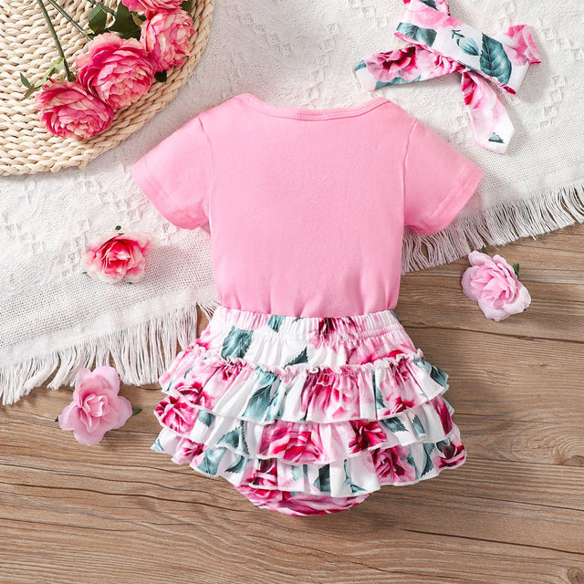 3pcs Baby Girl 95% Cotton Short - sleeve Letter Print Romper and Floral Print Layered Ruffle Trim Shorts & Headband Set - MomYom PK