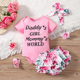 3pcs Baby Girl 95% Cotton Short - sleeve Letter Print Romper and Floral Print Layered Ruffle Trim Shorts & Headband Set - MomYom PK