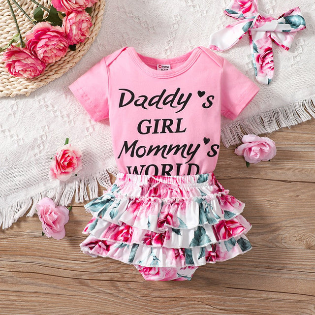 3pcs Baby Girl 95% Cotton Short - sleeve Letter Print Romper and Floral Print Layered Ruffle Trim Shorts & Headband Set - MomYom PK