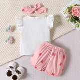 3pcs Baby Girl 95% Cotton Strawberry Pattern Ruffle Top and Shorts & Headband Set - MomYom PK