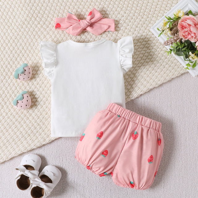 3pcs Baby Girl 95% Cotton Strawberry Pattern Ruffle Top and Shorts & Headband Set - MomYom PK