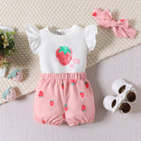 3pcs Baby Girl 95% Cotton Strawberry Pattern Ruffle Top and Shorts & Headband Set - MomYom PK