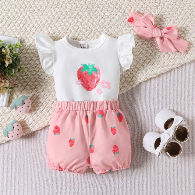 3pcs Baby Girl 95% Cotton Strawberry Pattern Ruffle Top and Shorts & Headband Set - MomYom PK