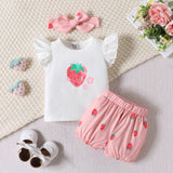 3pcs Baby Girl 95% Cotton Strawberry Pattern Ruffle Top and Shorts & Headband Set - MomYom PK