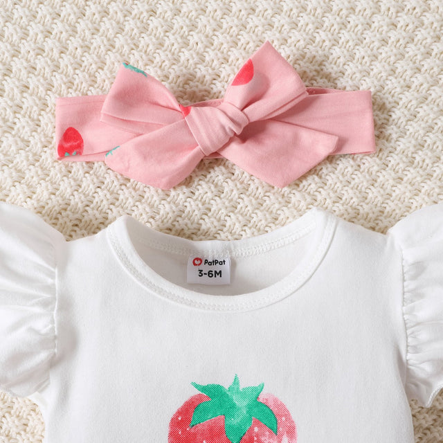 3pcs Baby Girl 95% Cotton Strawberry Pattern Ruffle Top and Shorts & Headband Set - MomYom PK