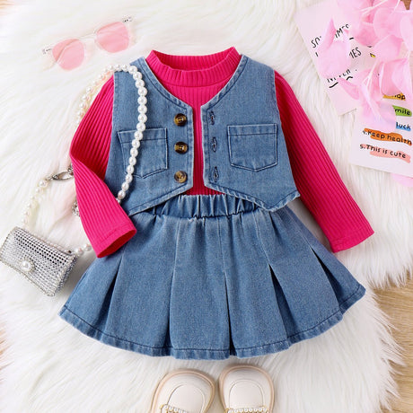 3pcs Baby Girl Avant - garde Solid Color Colllar Stand Tshirt Denim Tank Top and Skirt Set - MomYom PK