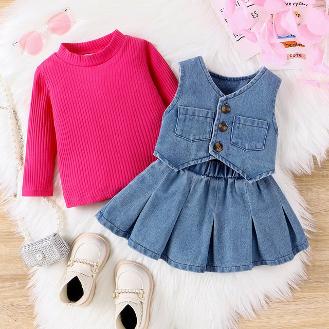 3pcs Baby Girl Avant - garde Solid Color Colllar Stand Tshirt Denim Tank Top and Skirt Set - MomYom PK