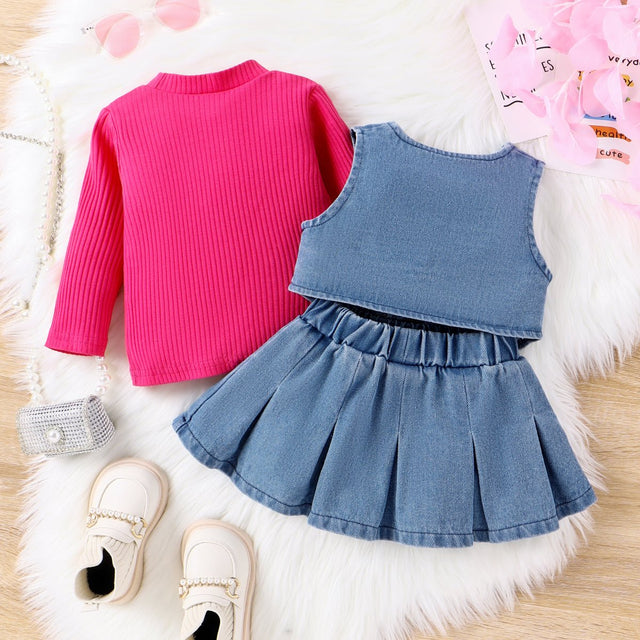 3pcs Baby Girl Avant - garde Solid Color Colllar Stand Tshirt Denim Tank Top and Skirt Set - MomYom PK