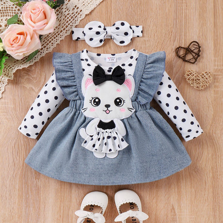 3pcs Baby Girl Childlike Spots Tshirt and 3D Cat Denim Dress Set with Headband - MomYom PK