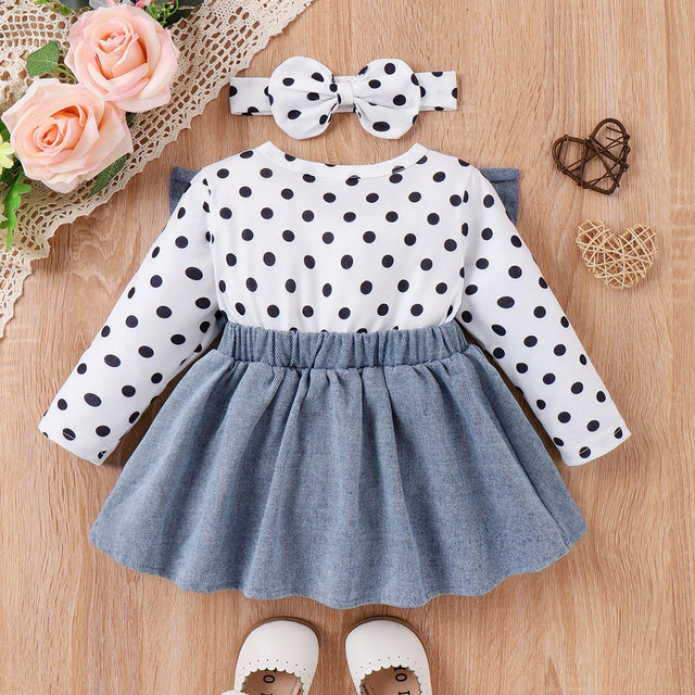 3pcs Baby Girl Childlike Spots Tshirt and 3D Cat Denim Dress Set with Headband - MomYom PK