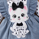 3pcs Baby Girl Childlike Spots Tshirt and 3D Cat Denim Dress Set with Headband - MomYom PK