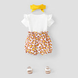 3pcs Baby Girl Cotton Short - sleeve Giraffe & Letter Graphic Romper and Bow Front Naia™ Bloomer Shorts & Headband Set - MomYom PK