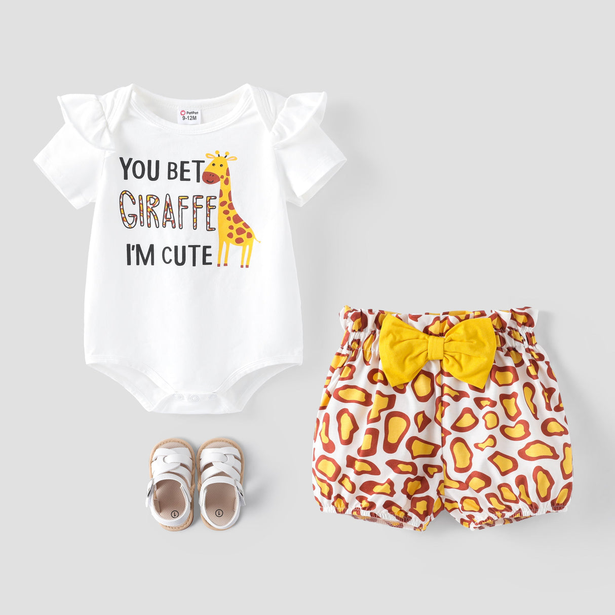 3pcs Baby Girl Cotton Short - sleeve Giraffe & Letter Graphic Romper and Bow Front Naia™ Bloomer Shorts & Headband Set - MomYom PK
