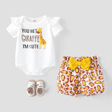 3pcs Baby Girl Cotton Short - sleeve Giraffe & Letter Graphic Romper and Bow Front Naia™ Bloomer Shorts & Headband Set - MomYom PK