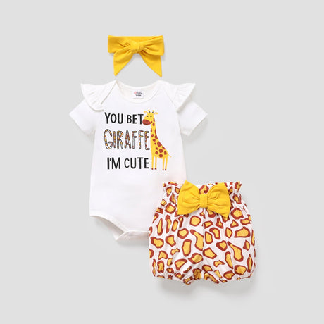 3pcs Baby Girl Cotton Short - sleeve Giraffe & Letter Graphic Romper and Bow Front Naia™ Bloomer Shorts & Headband Set - MomYom PK