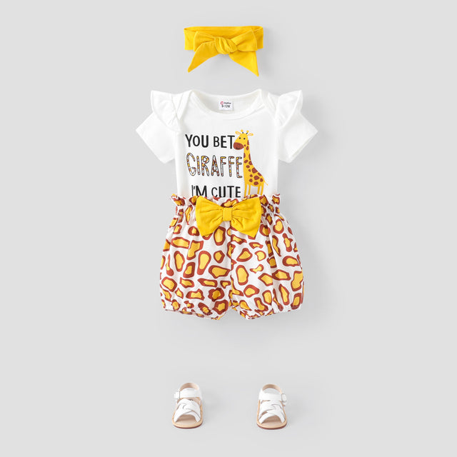 3pcs Baby Girl Cotton Short - sleeve Giraffe & Letter Graphic Romper and Bow Front Naia™ Bloomer Shorts & Headband Set - MomYom PK