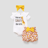 3pcs Baby Girl Cotton Short - sleeve Giraffe & Letter Graphic Romper and Bow Front Naia™ Bloomer Shorts & Headband Set - MomYom PK