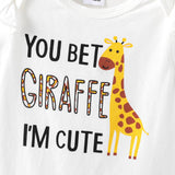 3pcs Baby Girl Cotton Short - sleeve Giraffe & Letter Graphic Romper and Bow Front Naia™ Bloomer Shorts & Headband Set - MomYom PK